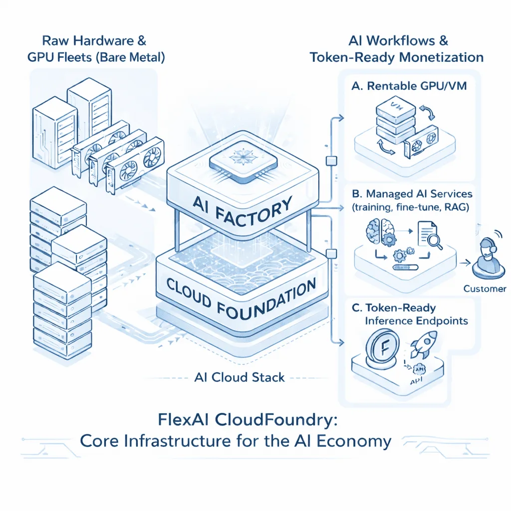 FlexAI AI Factory platform architecture: Cloud Foundation, AI Services, and AI Workflows with token-ready monetization