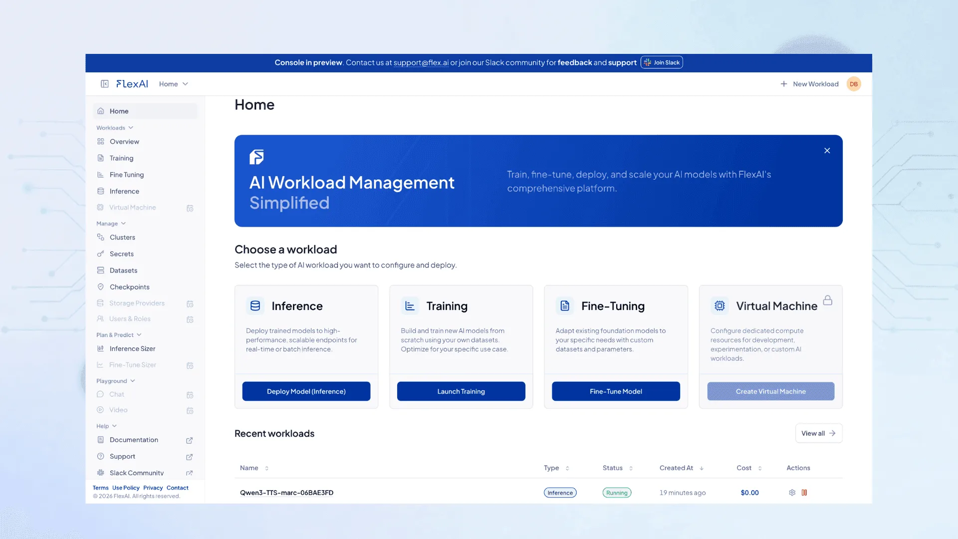 FlexAI Console: AI workload management dashboard showing inference, training, fine-tuning, and virtual machine options