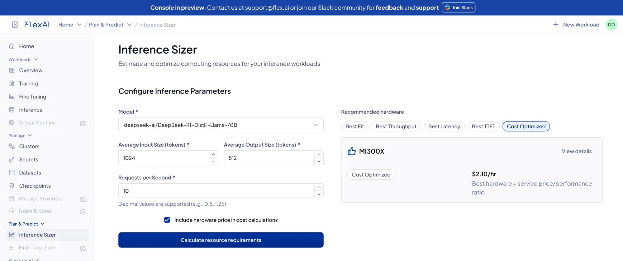 The FlexAI Inference Sizer: enter your model and traffic, get a GPU recommendation and cost estimate.