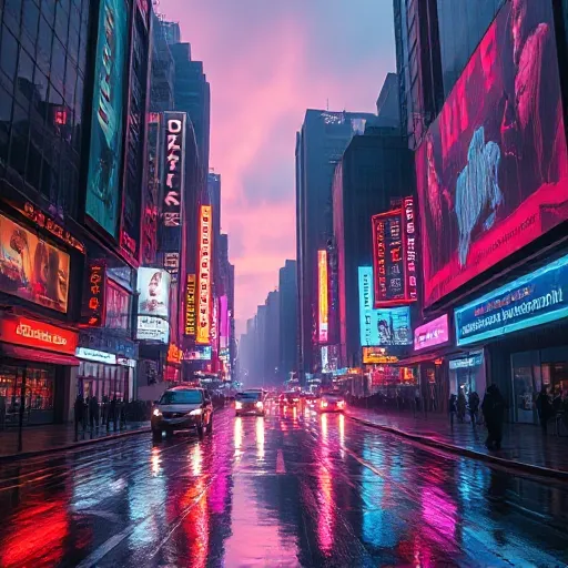 A neon-lit cyberpunk city at dusk, rain-slicked streets reflecting holographic billboards, cinematic wide shot